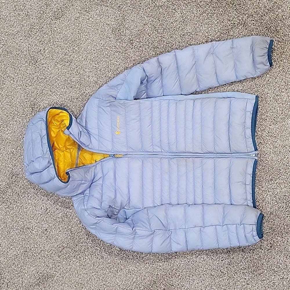 Cotopaxi Light Blue Puffer Jacket with Yellow Lining